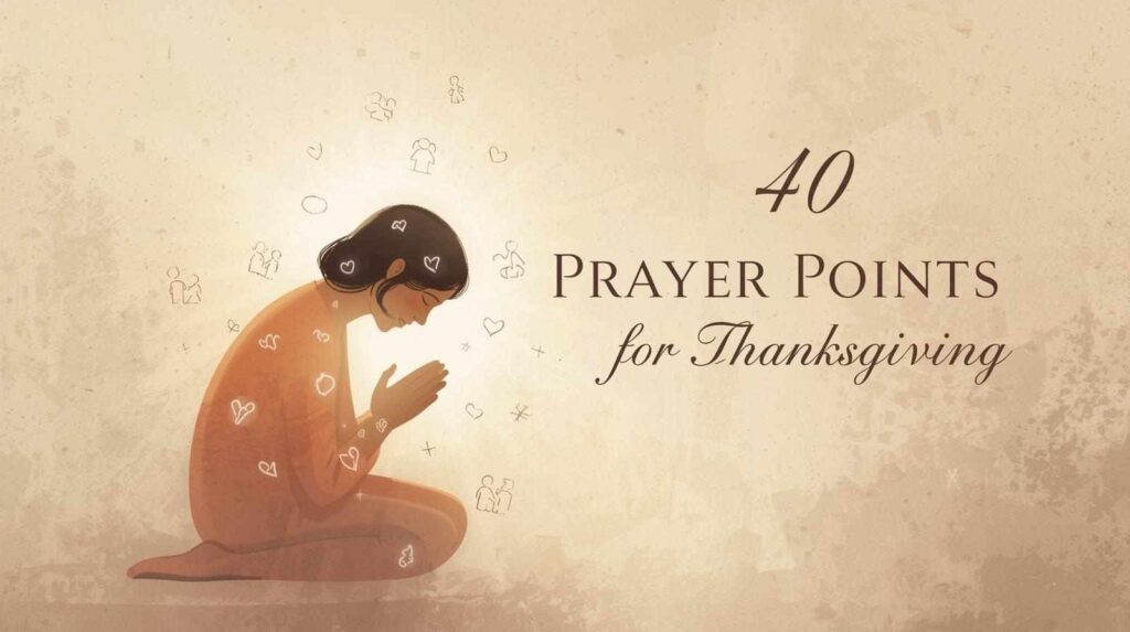 Person kneeling in prayer surrounded by glowing icons of blessings, representing 40 prayer points for thanksgiving