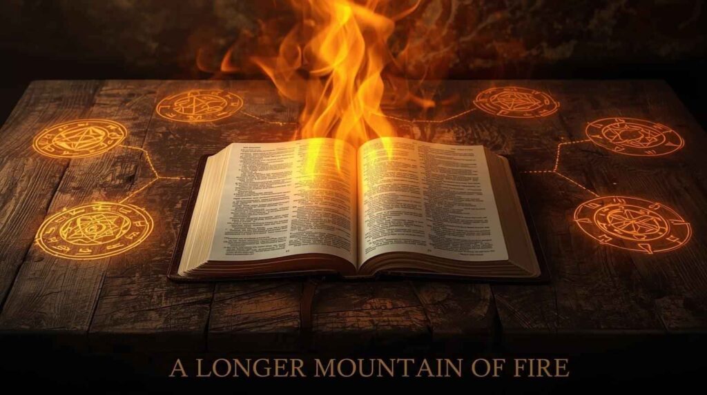 Open Bible surrounded by spiritual fire and symbols of protection, representing a longer mountain of fire prayer points.