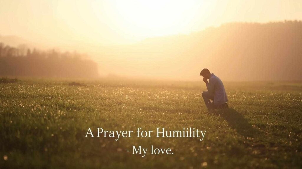 Kneeling figure in sunrise meadow representing humility prayer for my love.