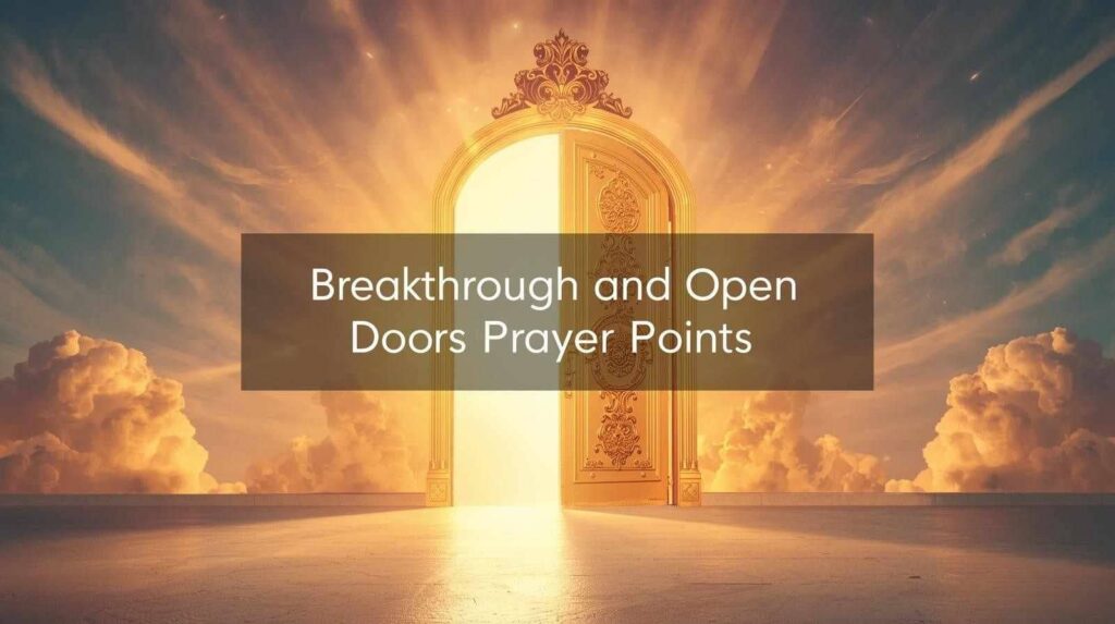 Open golden door glowing with heavenly light surrounded by Holy Spirit fire, representing breakthrough and open doors prayer points.