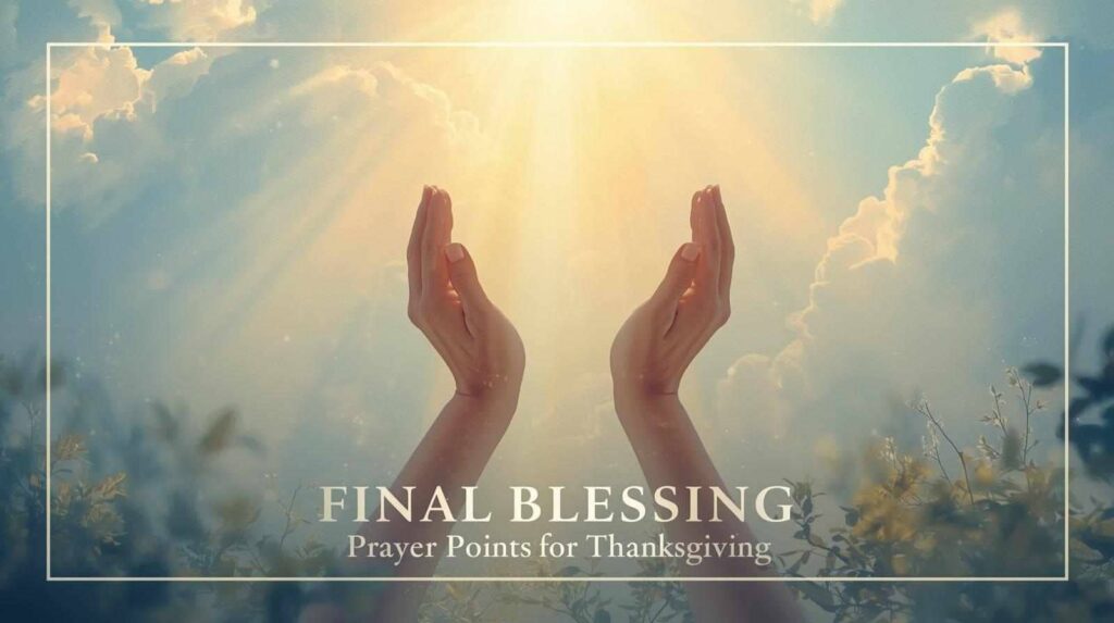Hands lifted in prayer with sun rays and clouds, representing final blessing prayer points for thanksgiving