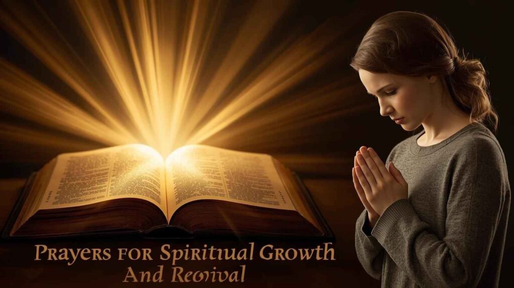 Hands lifted in prayer over a glowing Bible – Prayers for Spiritual Growth and Revival