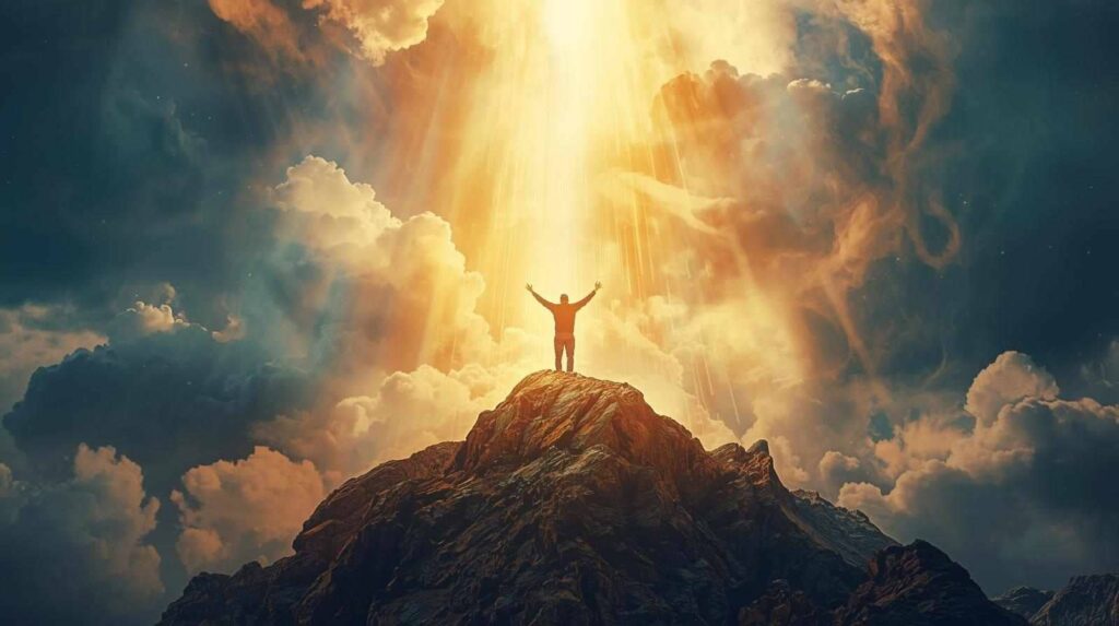 Person standing triumphantly on a mountaintop with Holy Spirit fire, symbolizing walking in victory with mountain of fire prayer points.