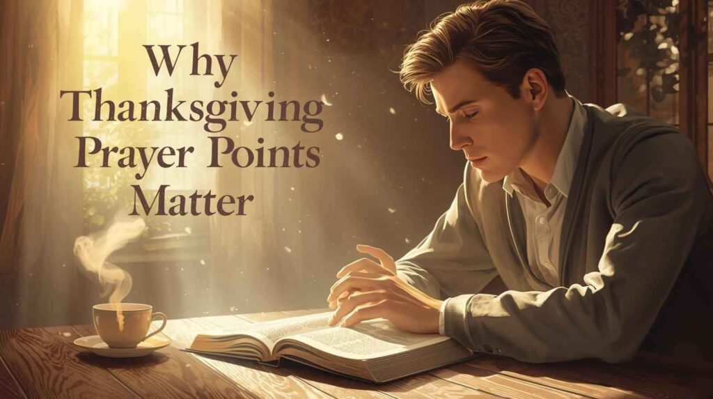 Person praying over open Bible during morning devotion illustrating why thanksgiving prayer points matter