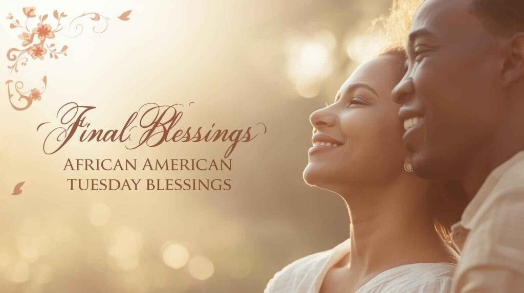 Final Blessings: African American Tuesday Blessings featuring joyful African American individuals, warm morning light, faith-filled inspiration, and uplifting cultural elements.