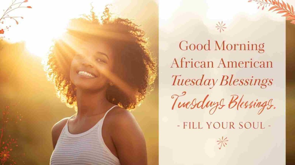 Good Morning African American Tuesday Blessings image featuring an African American woman in warm morning sunlight, faith-filled inspiration, and peaceful spiritual energy to fill your soul.