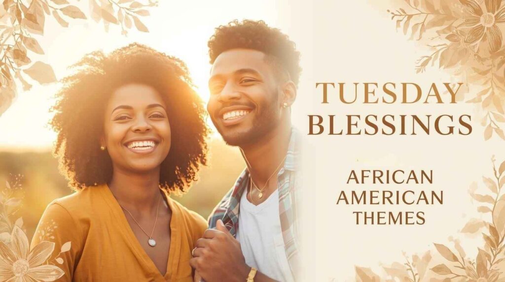 Tuesday Blessings featuring African American themes with joyful African American individuals, warm morning light, faith-filled inspiration, and uplifting cultural elements.